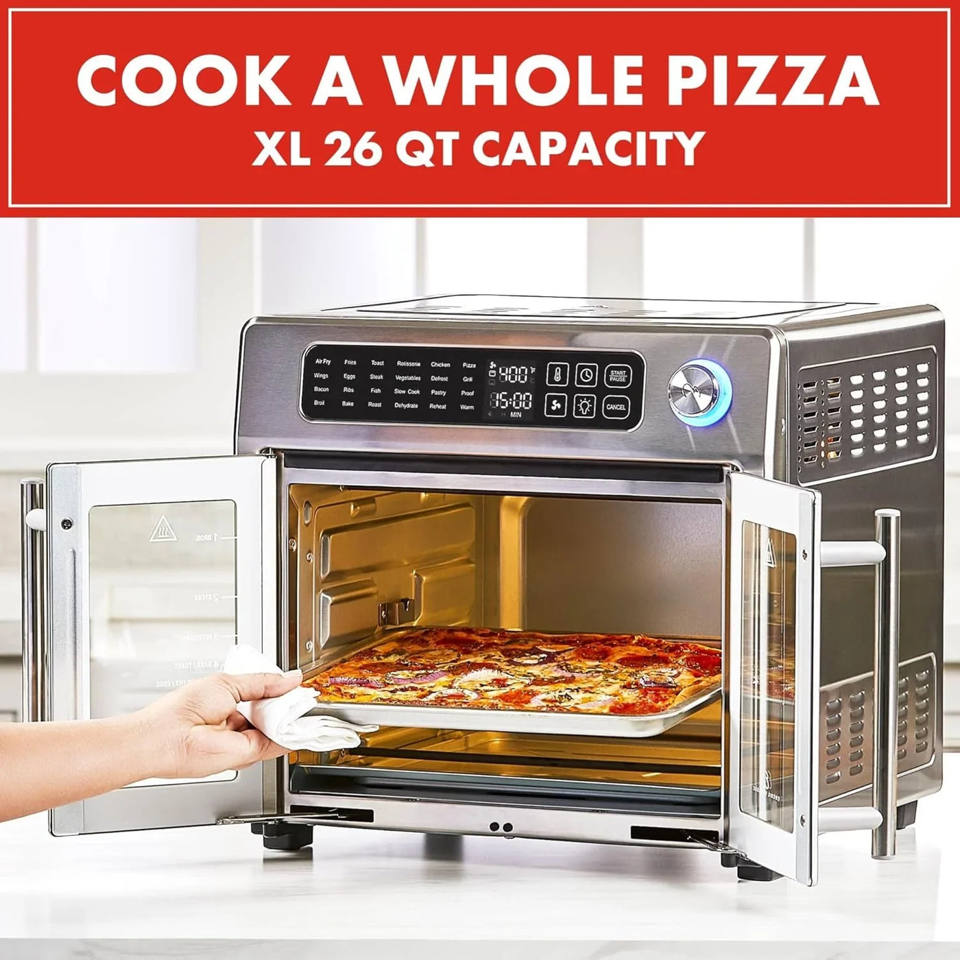 Extra Large French Door Air Fryer Toaster Oven Combo, 24 Cooking Functions and Digital Controls, 7 Accessories Included, Stainless Steel Finish, 26QT Capacity
