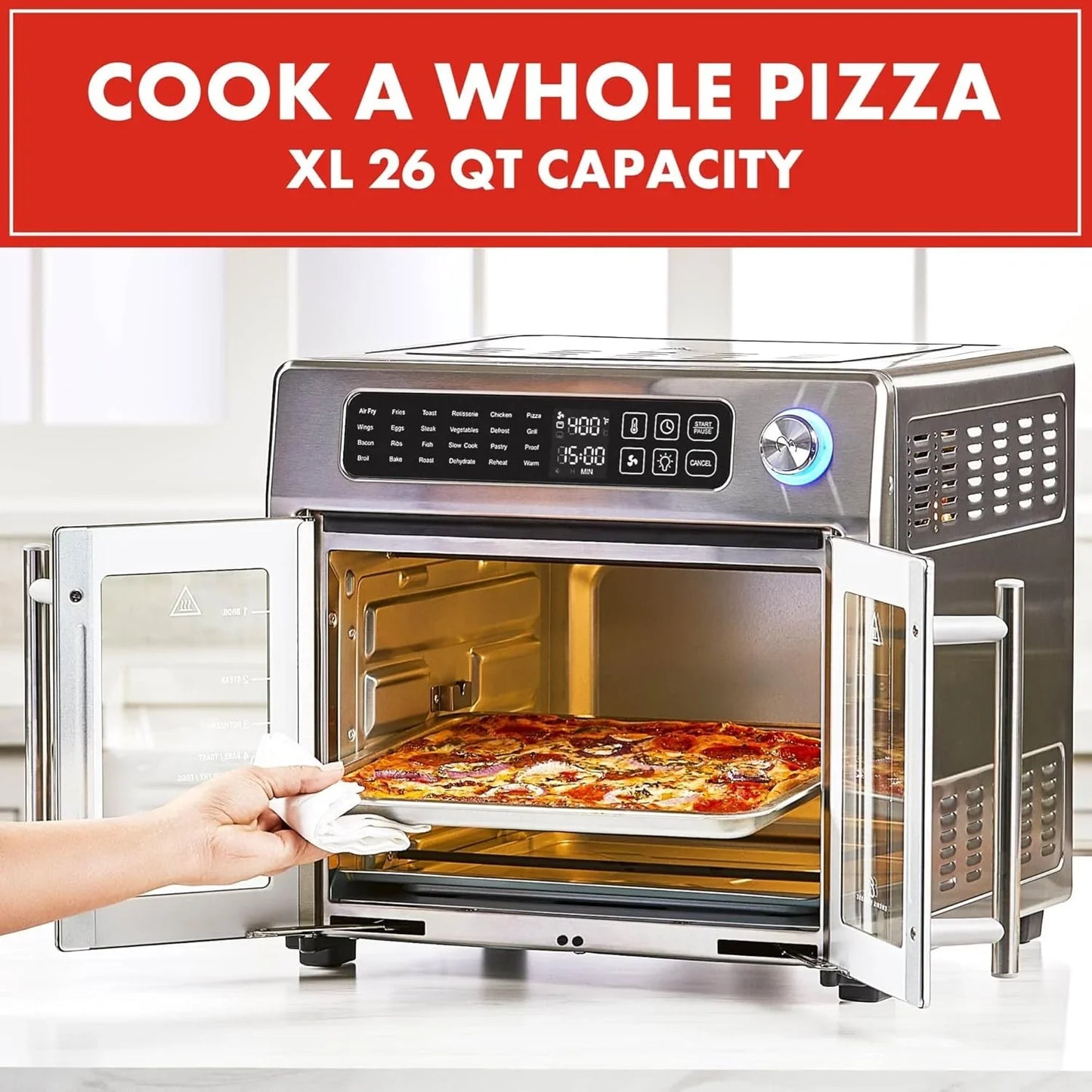 Extra Large French Door Air Fryer Toaster Oven Combo, 24 Cooking Functions and Digital Controls, 7 Accessories Included, Stainless Steel Finish, 26QT Capacity