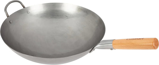 14” Carbon Steel Hammered Wok, Traditional round Bottom, Stir Fry Pan with Wooden & Helper Handle for Authentic Asian Cuisine, Wok Hei Cooking Perfect for Stir-Fry, Sauté & Deep Fry