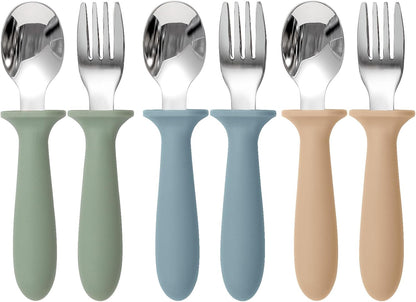 Toddler Utensils, 6 Pack Kids Silverware Set with Silicone Handle, 18/8 Stainless Steel Children Safe Forks and Spoons, Dishwasher Safe