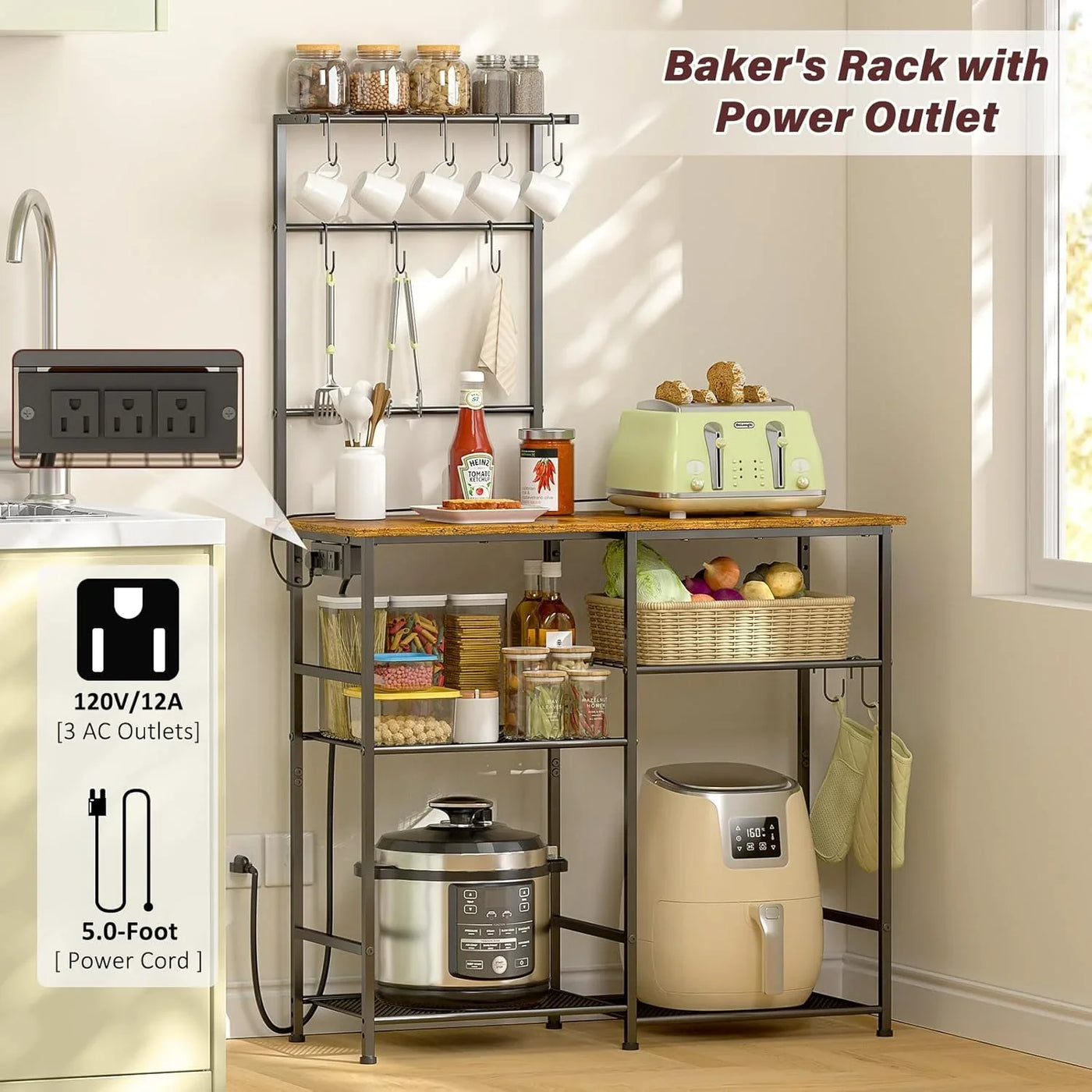 Bakers Rack with Power Outlet, Kitchen Microwave Stand with 10 S-Shaped Hooks, 6-Tier Coffee Bar Station, Kitchen Storage Shelf Rack for Spices, Pots, Rustic Brown