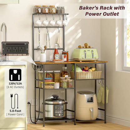 Bakers Rack with Power Outlet, Kitchen Microwave Stand with 10 S-Shaped Hooks, 6-Tier Coffee Bar Station, Kitchen Storage Shelf Rack for Spices, Pots, Rustic Brown