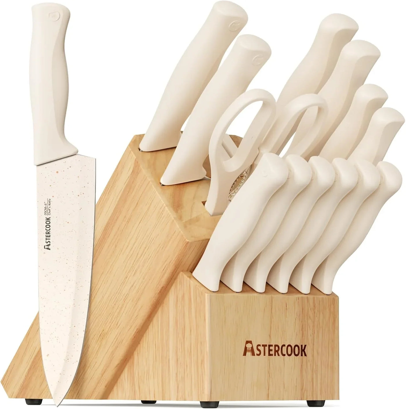 Knife Set, 15 Pieces Kitchen Knife Set with Sharpener Block, German Stainless Steel Knives Set with Anti-Rust Coating, Dishwasher Safe Elegant Cream White Knife Block Sets, Valentine'S Gift