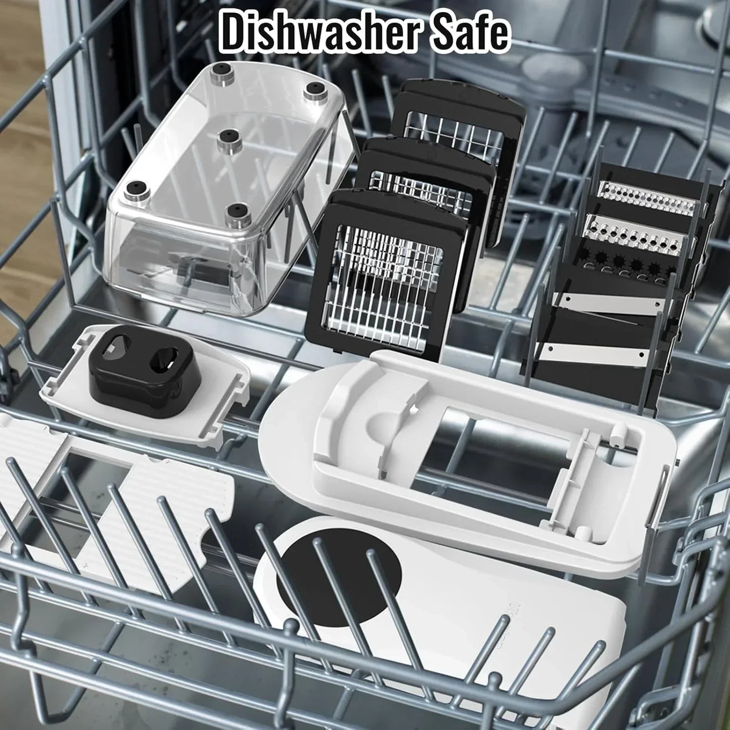 Dishwasher safe kitchen tool attachments and storage parts neatly arranged inside dishwasher rack