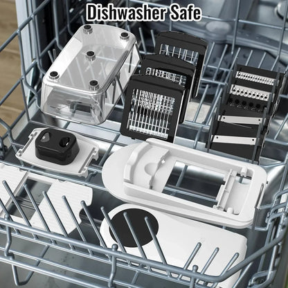 Dishwasher safe kitchen tool attachments and storage parts neatly arranged inside dishwasher rack