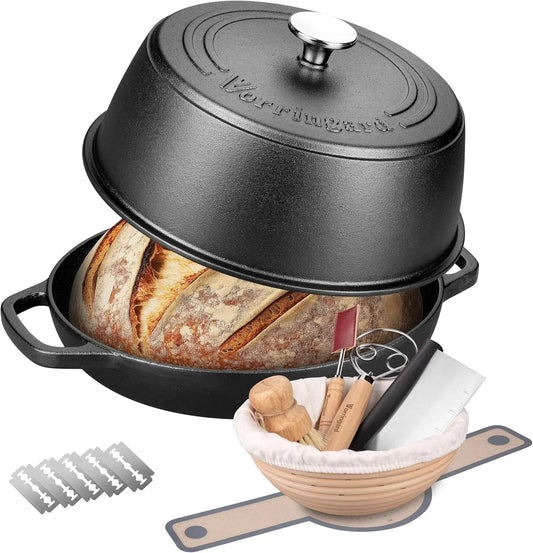 Cast Iron Dutch Oven Pot with Lid for Bread Baking - Include Sourdough Bread Baking Supplies like Banneton Bread Proofing Basket, Bread Oven 6 QT, Pre-Seasoned