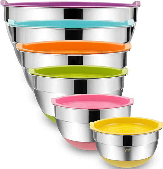 Mixing Bowls with Airtight Lids, 6 Piece Stainless Steel Metal Bowls, Measurement Marks & Colorful Non-Slip Bottoms Size 7, 3.5, 2.5, 2.0,1.5, 1QT, Great for Mixing & Serving