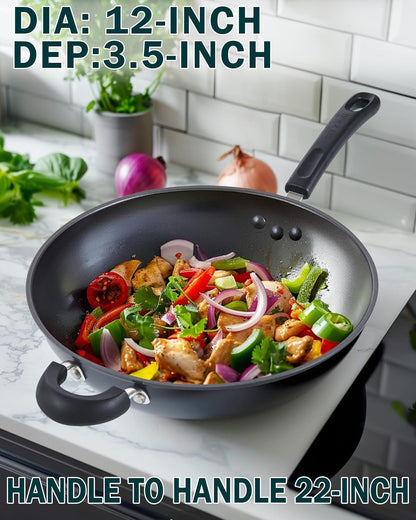 Hard Anodized Nonstick Wok with Lid 12-Inch, Non Stick Stir-Fry Pan, Flat Bottom Wok Pan, Induction Cookware, Black