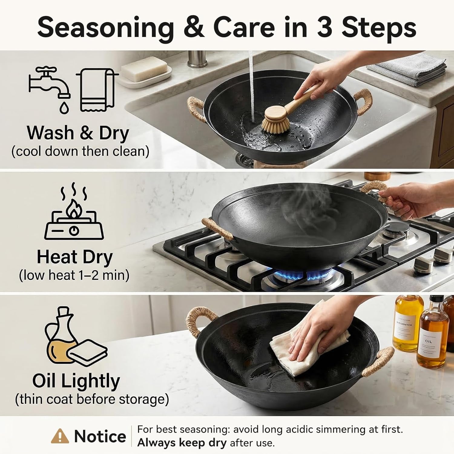 14.2 Inch Cast Iron Wok with Wooden Lid and Iron Spatula, Flat Bottom Double-Handle Chinese Stir Fry Pan, Uncoated Cast Iron Wok for Induction, Gas and Electric Stoves