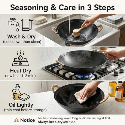 14.2 Inch Cast Iron Wok with Wooden Lid and Iron Spatula, Flat Bottom Double-Handle Chinese Stir Fry Pan, Uncoated Cast Iron Wok for Induction, Gas and Electric Stoves