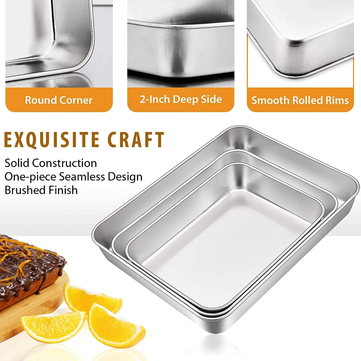 Baking Pans Set of 3, Stainless Steel Sheet Cake Pan for Oven - 12.5/10.5/9.4Inch, Rectangle Bakeware Set for Cake Lasagna Brownie Casserole Cookie, Non-Toxic & Healthy, Dishwasher Safe