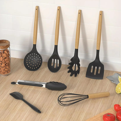 Silicone Cooking Utensils Kitchen Utensil Set - 446°F Heat Resistant Silicone Kitchen Utensils Set, Spatula,Turner Tongs, Spoon, Whisk,Kitchen Gadgets for Nonstick Cookware, BPA Free (Gray)