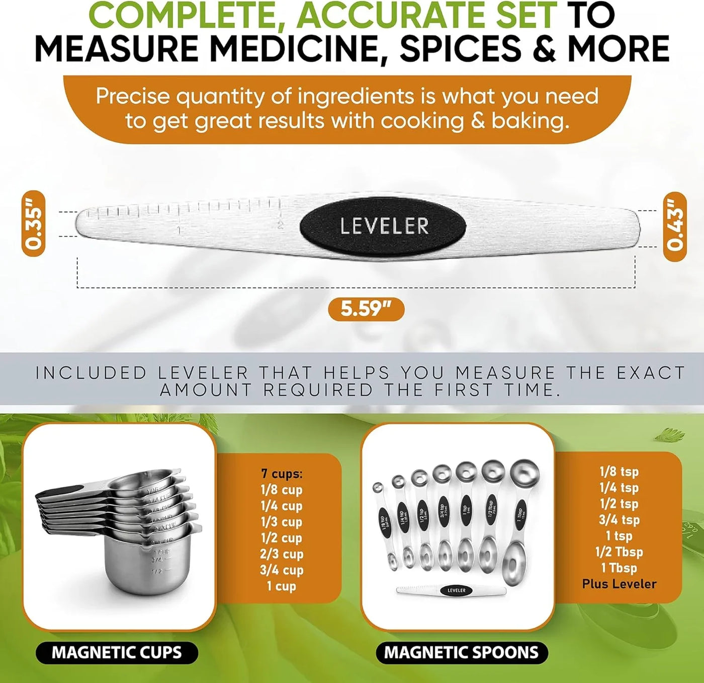 Magnetic Measuring Cups & Spoons Set, Patented, Strong N45 Magnets, Heavy Duty Stainless Steel Fits in Spice Jars for Baking & Cooking, BPA Free, round Set of 15 with Leveler, Black