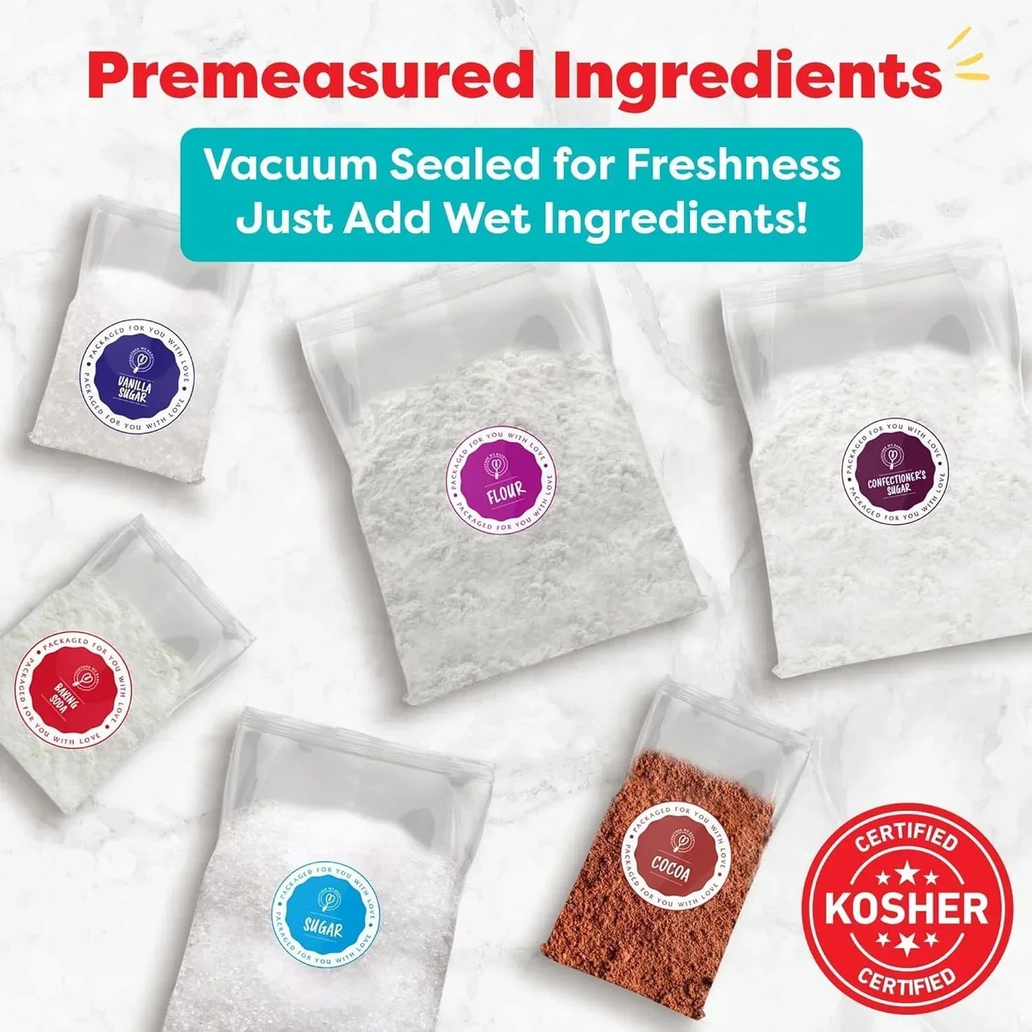 Premiered baking ingredients: flour, sugar, cocoa, vanilla sugar, confectioner’s sugar, baking soda — vacuum-sealed, Kosher certified