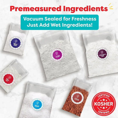 Premiered baking ingredients: flour, sugar, cocoa, vanilla sugar, confectioner’s sugar, baking soda — vacuum-sealed, Kosher certified