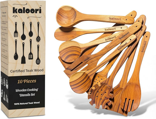 10-Piece Teak Wooden Cooking Utensil Set | Handmade Wood Spoons & Spatulas | Heat-Resistant, Non-Scratch Cookware Safe