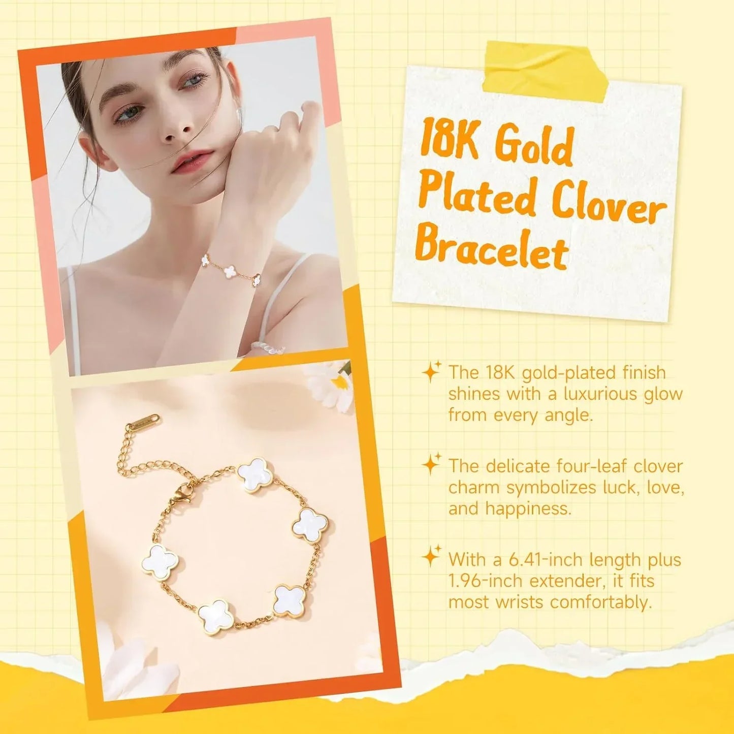 18K gold-plated clover bracelet with white enamel charms, delicate four-leaf design for luck and elegance