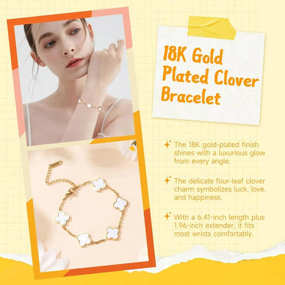 18K gold-plated clover bracelet with white enamel charms, delicate four-leaf design for luck and elegance