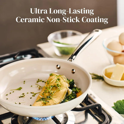 Nonstick Frying Pans Set, Ceramic Pan Skillet, Non Toxic Pans for Cooking, 8" 9.5" 11" Ceramic Frying Pan Set PFAS & PTFE & PFOA Free with Stay Cool Handle, Dishwasher & Oven Safe, Beige White