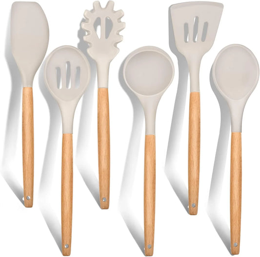 Cooking Utensils Set of 6, Silicone Kitchen Utensils with Wooden Handle, Non-Stick Cookware Friendly & Heat Resistant, Includes Spatula/Ladle/Slotted Turner/Serving Spoon/Spaghetti Server(Khaki)