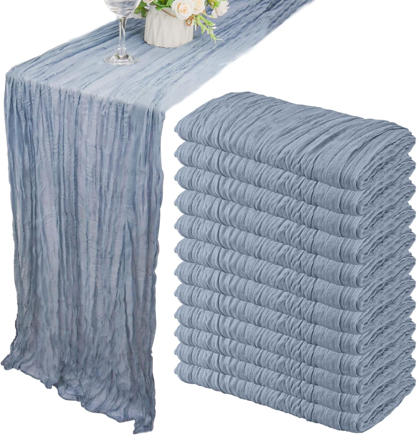 12 Pack 10Ft Cheesecloth Table Runner 35X120 Inch Boho Gauze Table Runner Rustic Cheese Cloth Long Romantic Table Runners for Wedding Bridal Shower Birthday Party Table Decor (Dusty Blue)