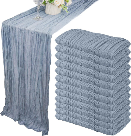 12 Pack 10Ft Cheesecloth Table Runner 35X120 Inch Boho Gauze Table Runner Rustic Cheese Cloth Long Romantic Table Runners for Wedding Bridal Shower Birthday Party Table Decor (Dusty Blue)