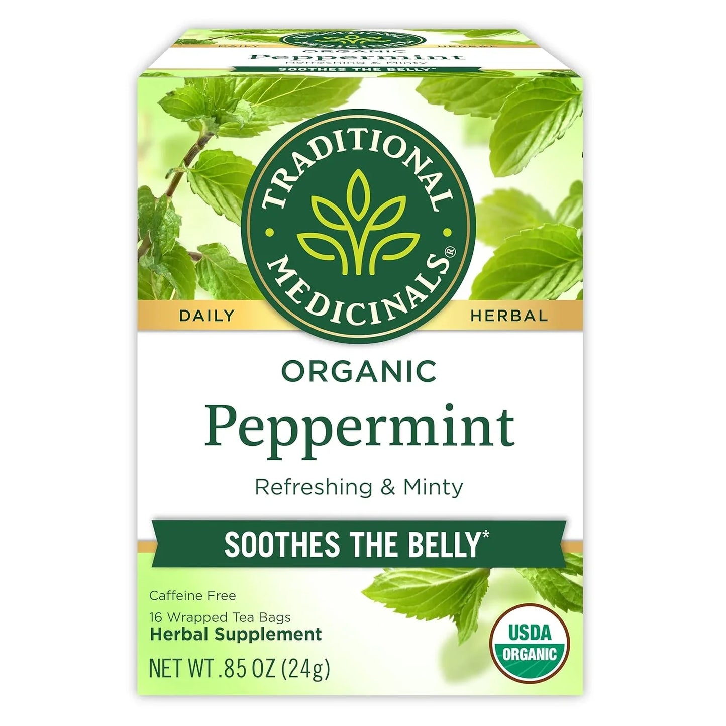 Organic, Peppermint Tea - Helps Soothe Belly from Occasional Gas and Bloating - Kosher, Non-Gmo, Caffeine-Free, Compostable - 16 Tea Bags