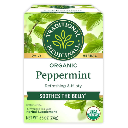 Organic, Peppermint Tea - Helps Soothe Belly from Occasional Gas and Bloating - Kosher, Non-Gmo, Caffeine-Free, Compostable - 16 Tea Bags