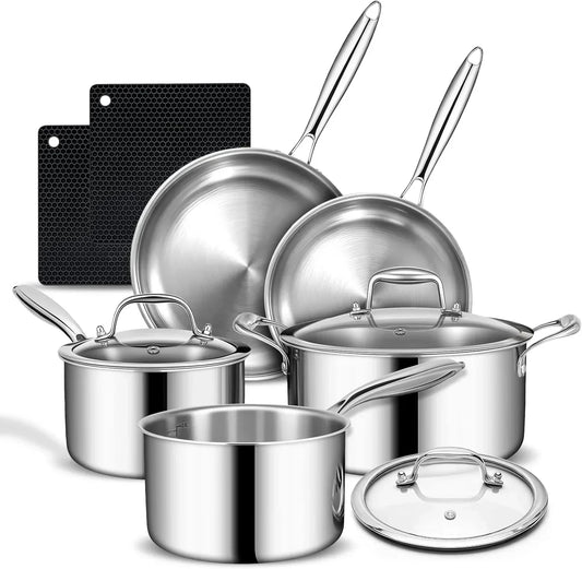 Stainless steel cookware set with pots, pans, lids, and silicone mats for everyday kitchen use