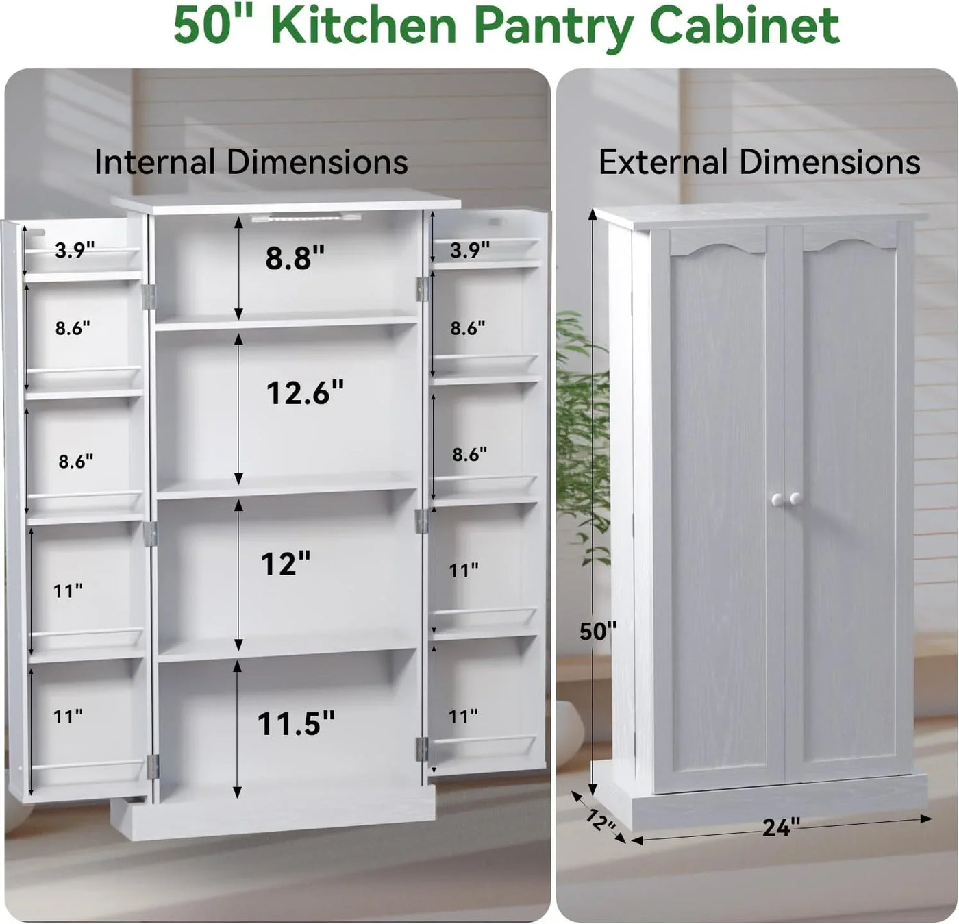 50" LED Kitchen Pantry Cabinet White Storage Cabinet Food Pantry with Doors and Adjustable Shelves Freestanding Buffet Cupboards Sideboard for Kitchen Living Room and Dinning Room