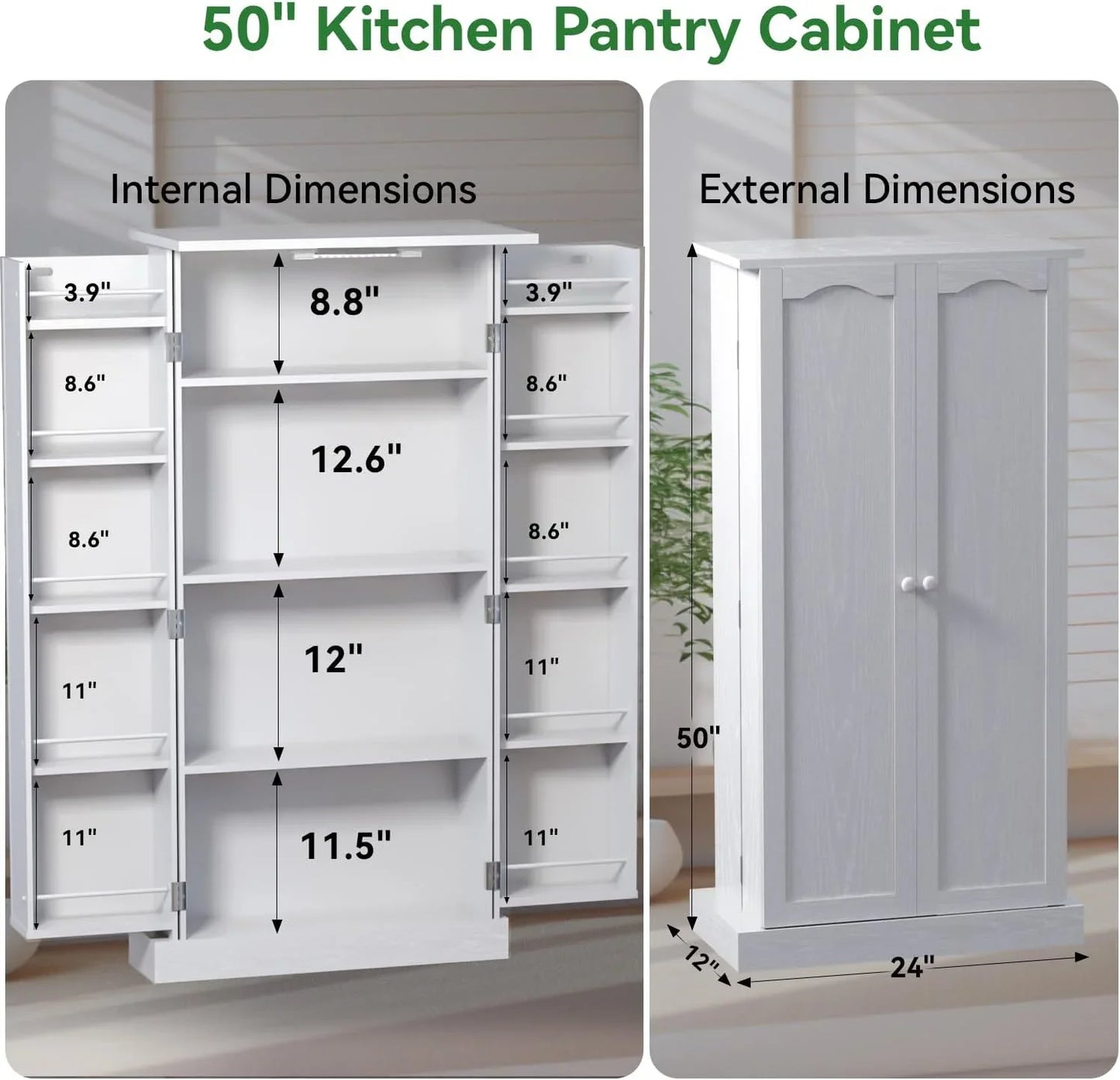50" LED Kitchen Pantry Cabinet White Storage Cabinet Food Pantry with Doors and Adjustable Shelves Freestanding Buffet Cupboards Sideboard for Kitchen Living Room and Dinning Room