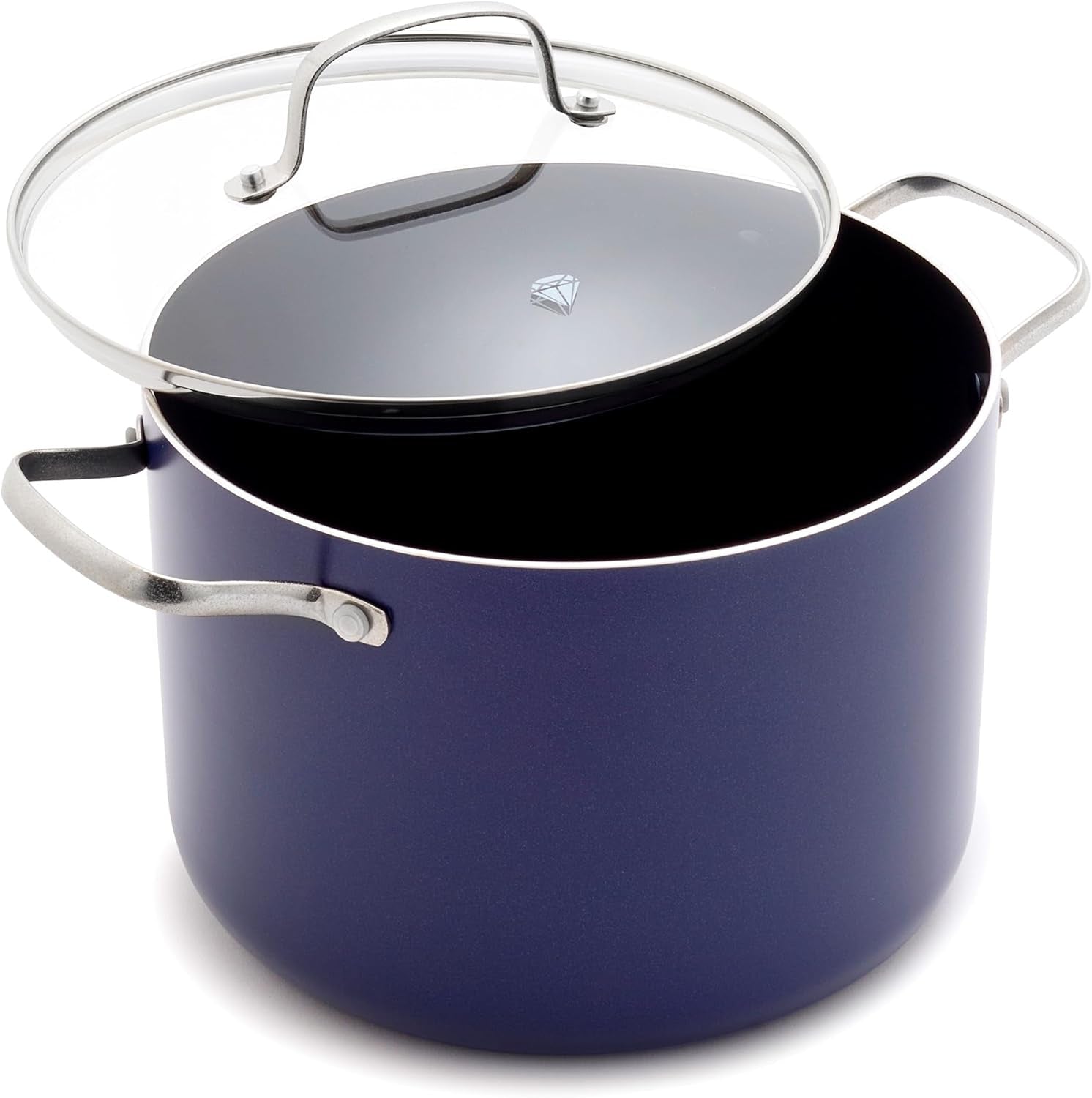 8QT Nonstick Stockpot with Glass Lid, Pfas-Free Ceramic, Multipurpose Cooking, Sauces & Soups, Pasta, Boiling & Canning Pot, Dishwasher & Oven Safe, Stainless Steel Handles, Navy