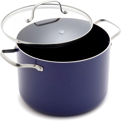 8QT Nonstick Stockpot with Glass Lid, Pfas-Free Ceramic, Multipurpose Cooking, Sauces & Soups, Pasta, Boiling & Canning Pot, Dishwasher & Oven Safe, Stainless Steel Handles, Navy