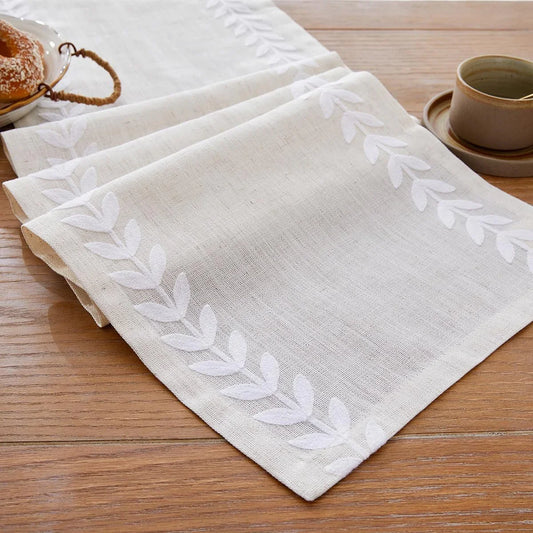 Embroidered Table Runner Irregular Willow Leaf Table Runners 108 Inches Long for Dresser Home Dining Table Decor,14 X 108 Inch, White