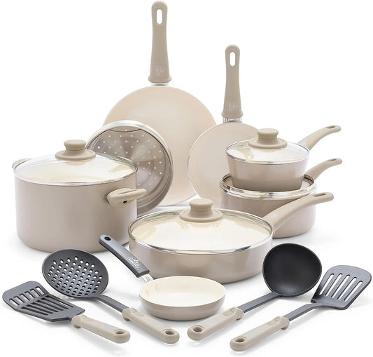 16 Piece Nonstick Cookware Set, Soft Grip Non-Toxic Pfas-Free Ceramic Pots & Pans, Dishwasher & Oven Safe, Frying, Sauce, Saute, Utensils, Glass Lids, Stay-Cool Handles, Wobble Free, Taupe