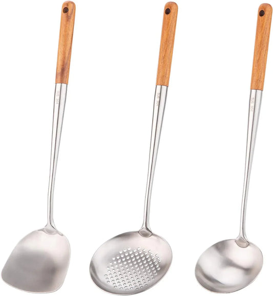 Wok Spatula and Ladle,Skimmer Ladle Tool Set, 17Inches Spatula for Wok, 304 Stainless Steel Cooking Utensils