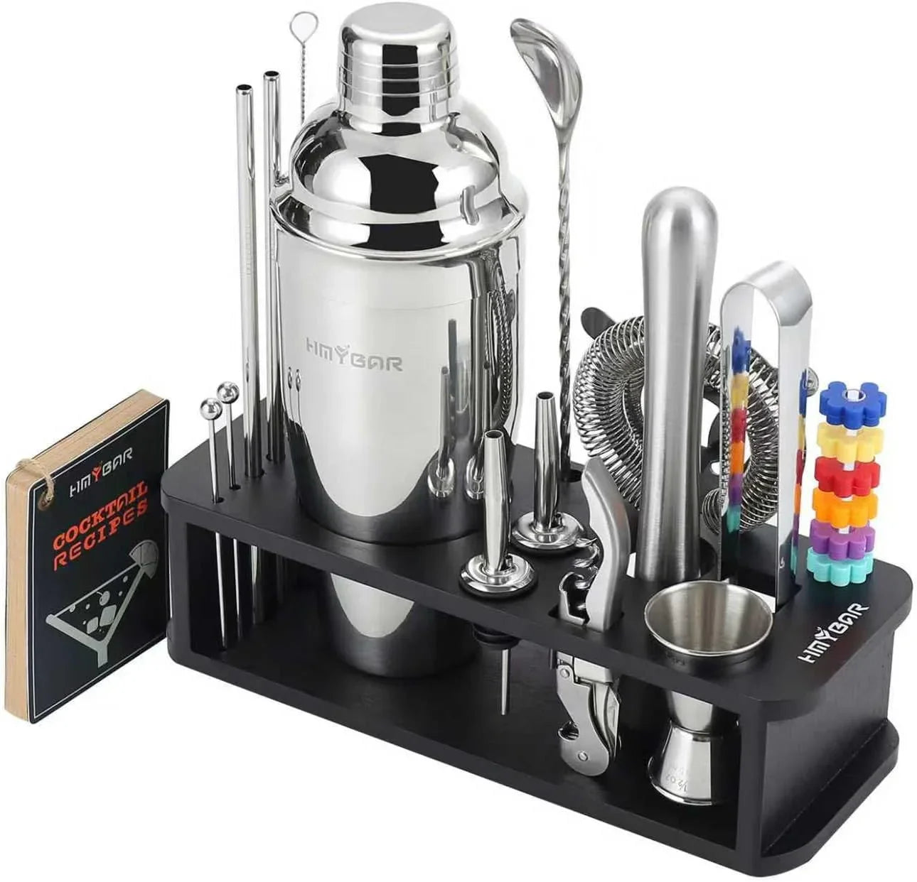 ® 22-Pc Cocktail Shaker Set(24Oz/700Ml) | Mixology Bartender Kit | Bar Tool Set | Martini Making Set with 39-Recipe Cocktail Cards & Kit'S Deco, Bamboo Stand Black Color, Silver Tools