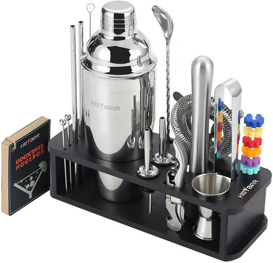 ® 22-Pc Cocktail Shaker Set(24Oz/700Ml) | Mixology Bartender Kit | Bar Tool Set | Martini Making Set with 39-Recipe Cocktail Cards & Kit'S Deco, Bamboo Stand Black Color, Silver Tools