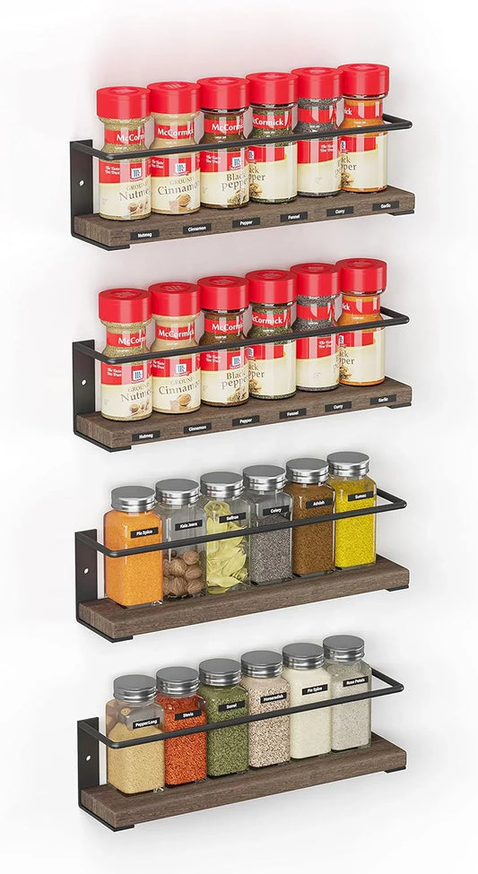 Spice Rack Organizer for Cabinet Door or Wall Mount (4 Pack) with 415 Spice Labels - Wood Hanging Seasoning Shelf for Cupboard Pantry or over the Stove