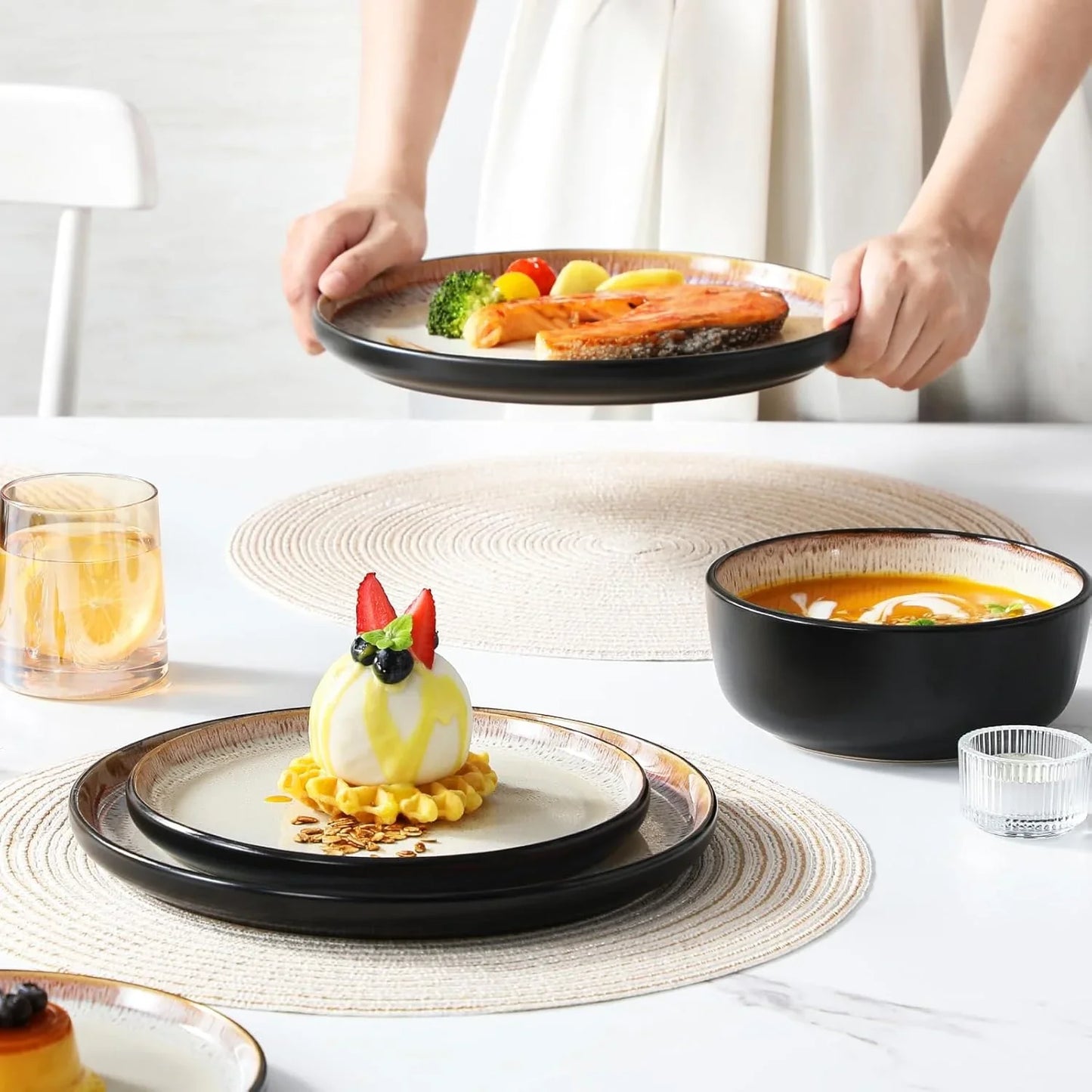Plates and Bowls Sets, 24 Pieces Stoneware Dinnerware Sets for 8, Kitchen Dish Set Mircowave and Dishwasher Safe Ceramic Dishware, Light Cream, Series AMBER