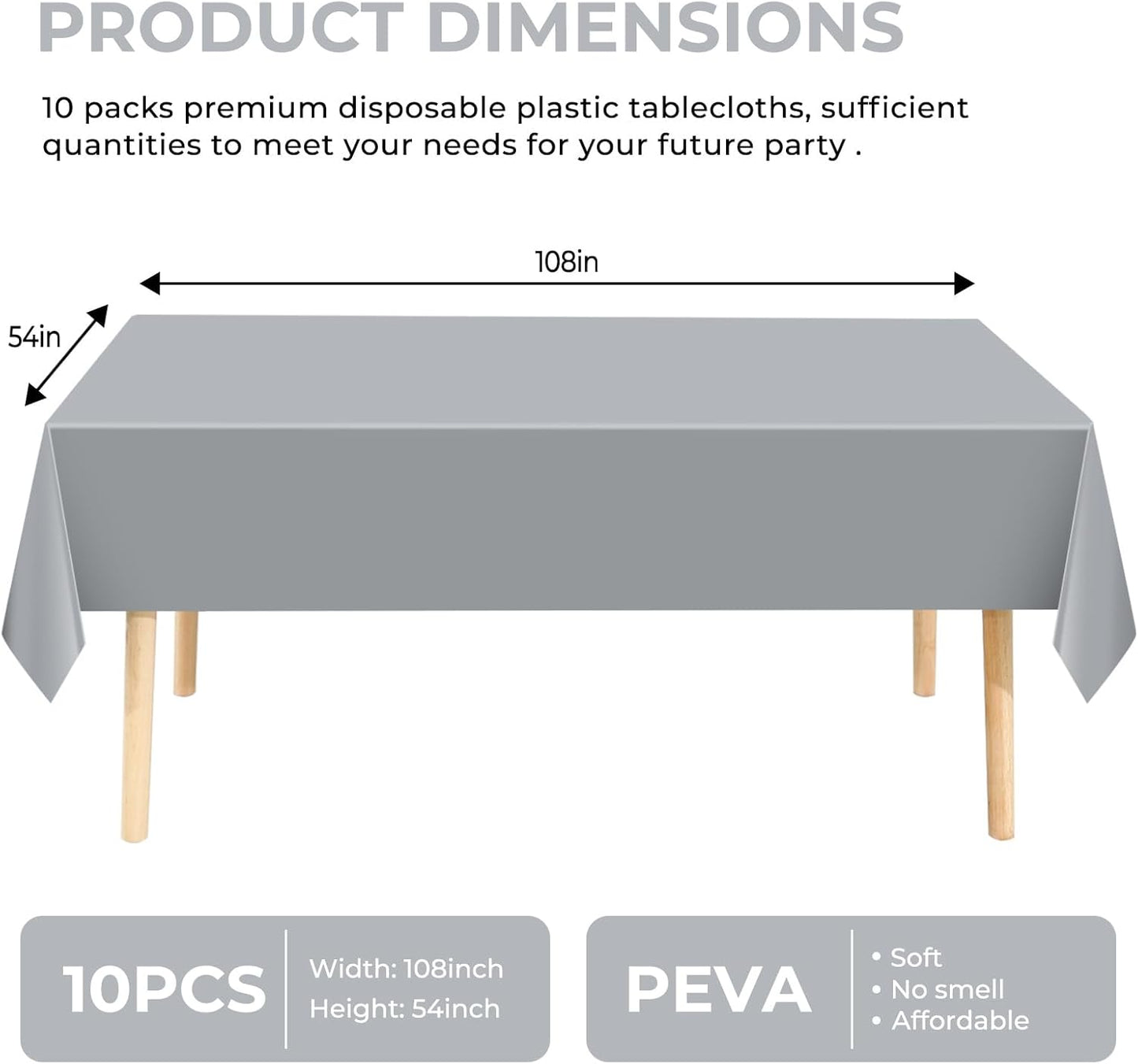 10 Pack Premium Disposable Plastic Tablecloth 54" X 108" Rectangle Table Cover for Birthdays Weddings Christmas Anniversary Buffet Table (Silver Grey)