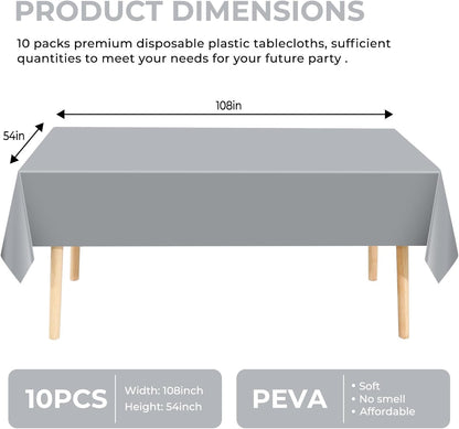 10 Pack Premium Disposable Plastic Tablecloth 54" X 108" Rectangle Table Cover for Birthdays Weddings Christmas Anniversary Buffet Table (Silver Grey)