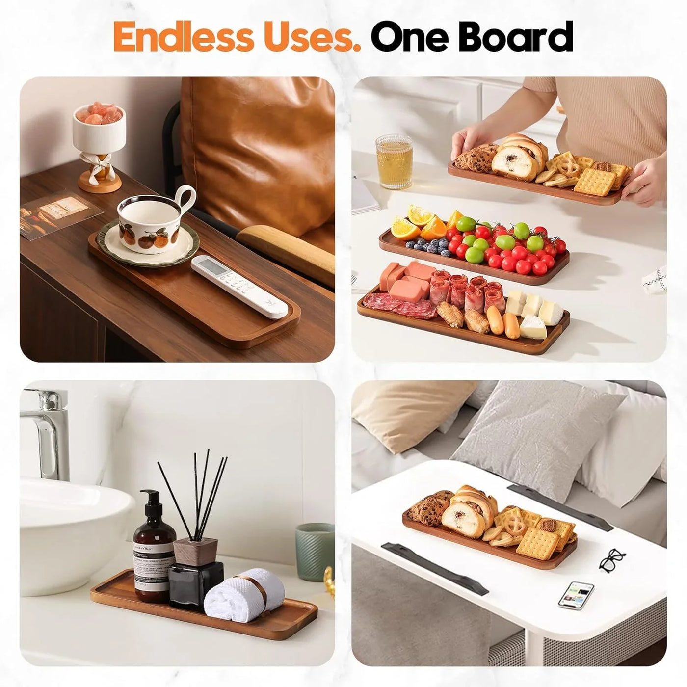Small Solid Acacia Wood Serving Trays and Platters - Wooden Mini Charcuterie Boards, Rectangle Cheese Board for Food, Bathroom, Home Decor, Kitchen Counter, (14" X 5.5", 1 Pack)