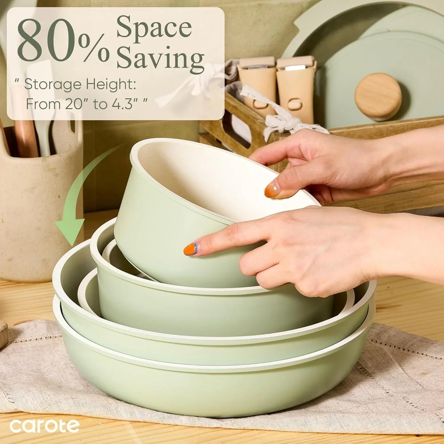 Pots and Pans Set, Nonstick Cookware Set Detachable Handle, 19Pcs Induction Kitchen Cookware Sets Non Stick with Removable Handle, RV Cookware Set, Oven Safe, Sage Green
