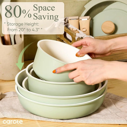 Pots and Pans Set, Nonstick Cookware Set Detachable Handle, 19Pcs Induction Kitchen Cookware Sets Non Stick with Removable Handle, RV Cookware Set, Oven Safe, Sage Green