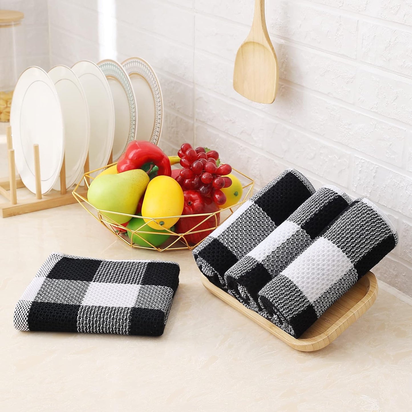 100% Cotton Waffle Weave Check Plaid Kitchen Towels, 13 X 28 Inches, Super Soft and Absorbent Dish Towels for Drying Dishes, 4-Pack, White & Black