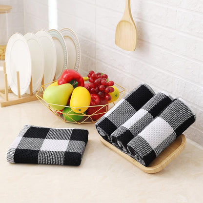 100% Cotton Waffle Weave Check Plaid Kitchen Towels, 13 X 28 Inches, Super Soft and Absorbent Dish Towels for Drying Dishes, 4-Pack, White & Black