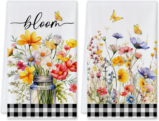 Spring Kitchen Towels Set of 2, Floral Hand Tea Dish Towels for Kitchen Decor,18X26 Inch Watercolor Flowers Buffalo Plaid