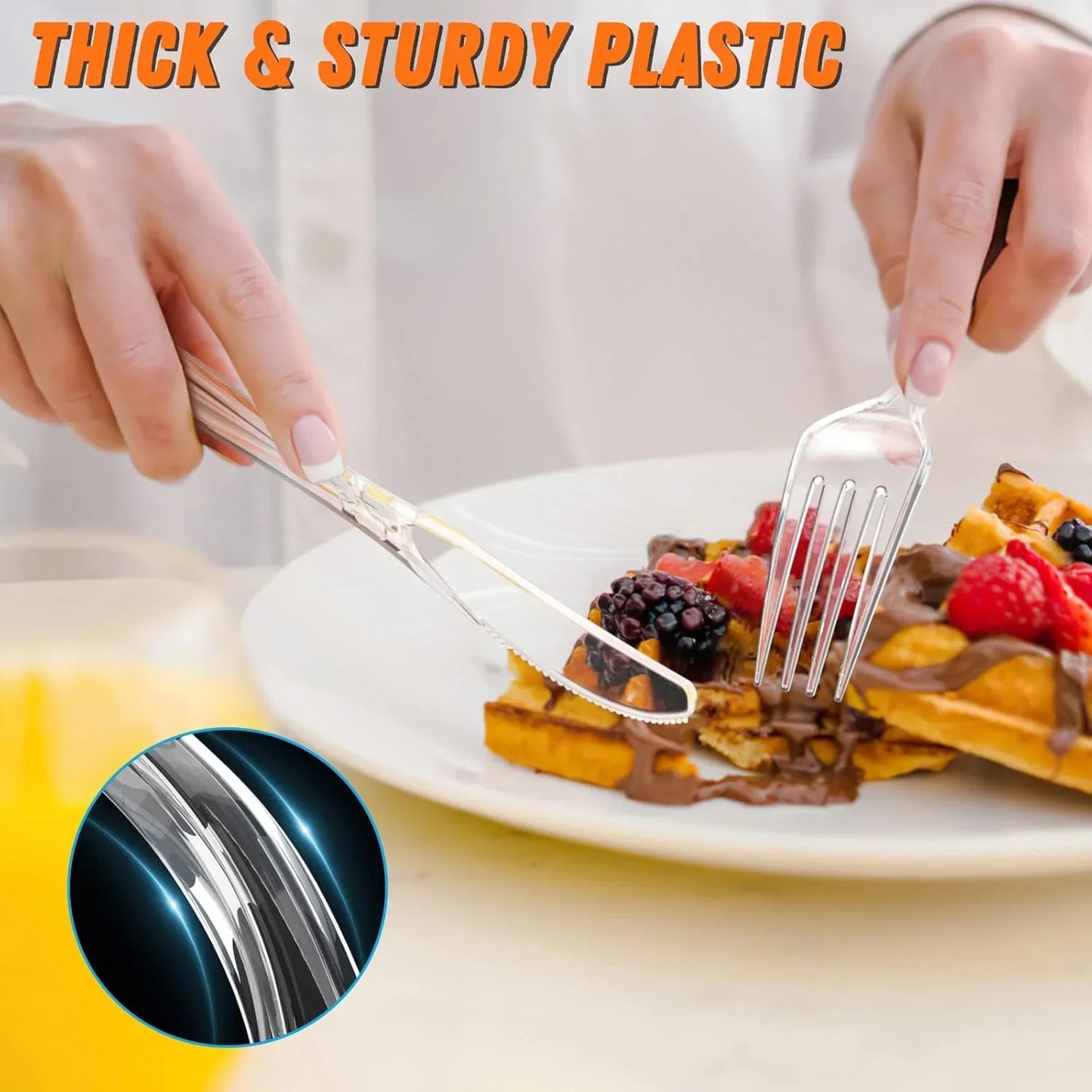Sturdy plastic fork and knife cutting waffles with berries, thick durable design for everyday meals