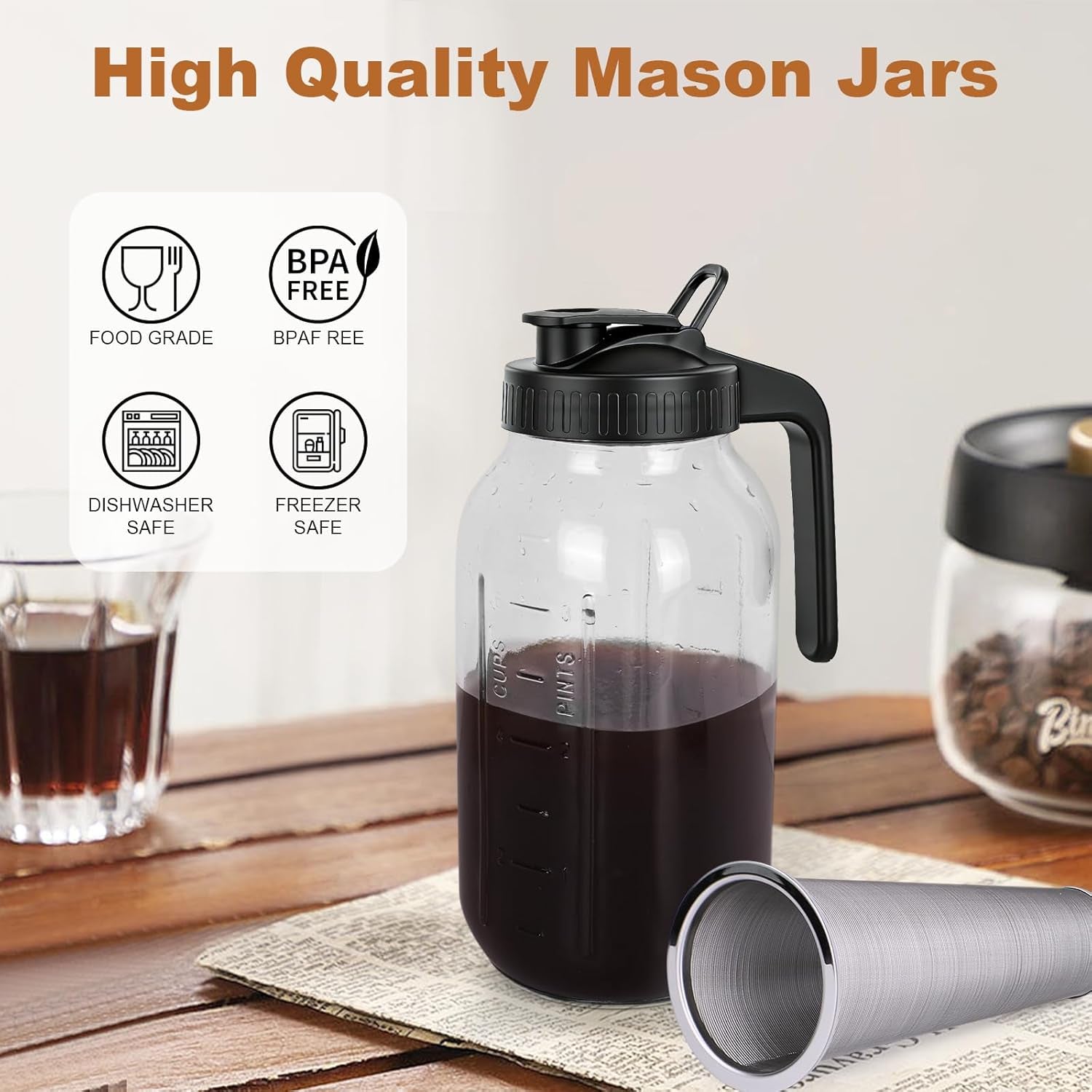 Cold Brew Coffee Maker,64 Oz Mason Jar Pitcher with Stainless Steel Filter, Pour Spout Handle Lid, Heavy Duty Glass Airtight & Leak-Proof for Iced Coffee,Tea & Lemonade